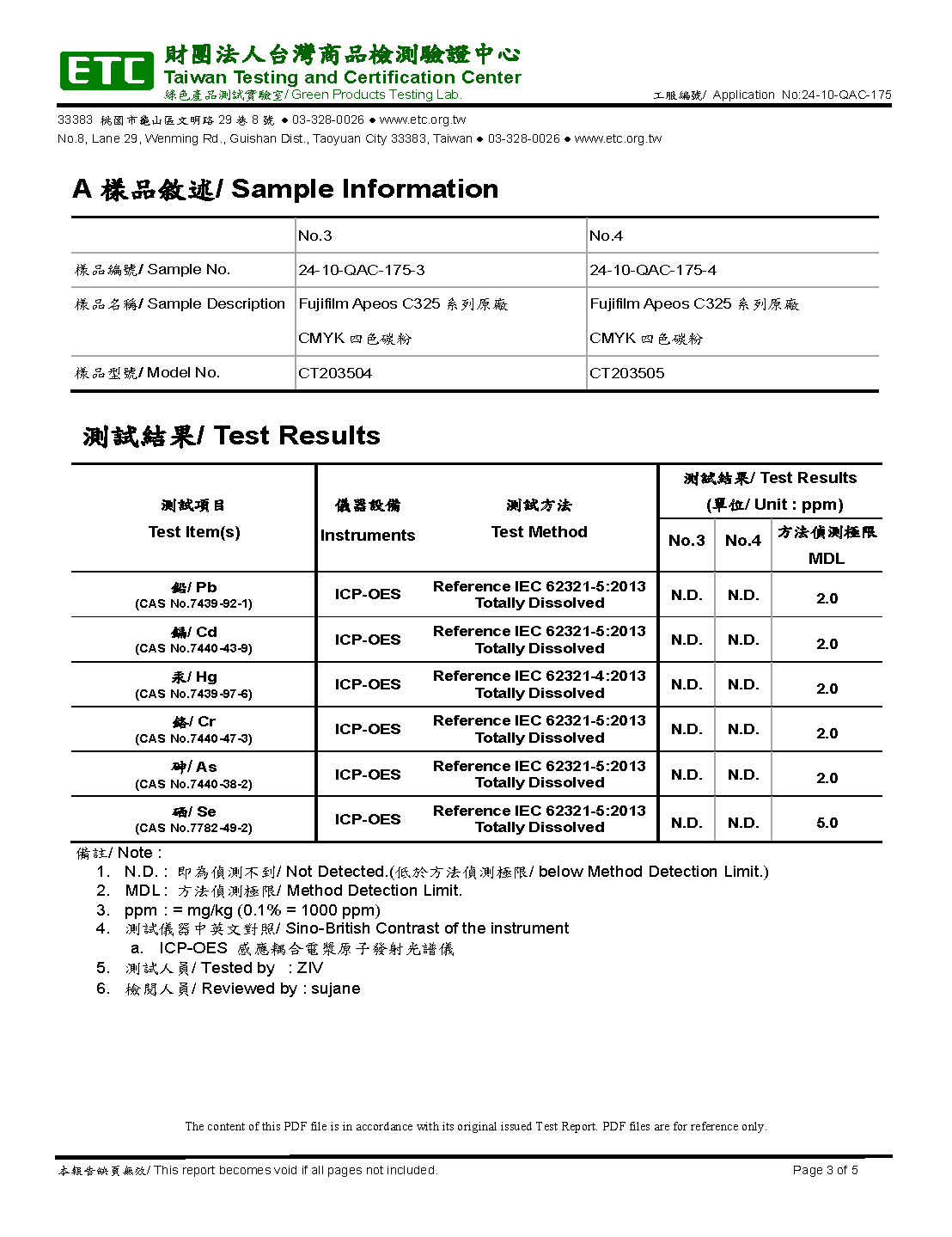 原廠碳粉重金屬檢測報告